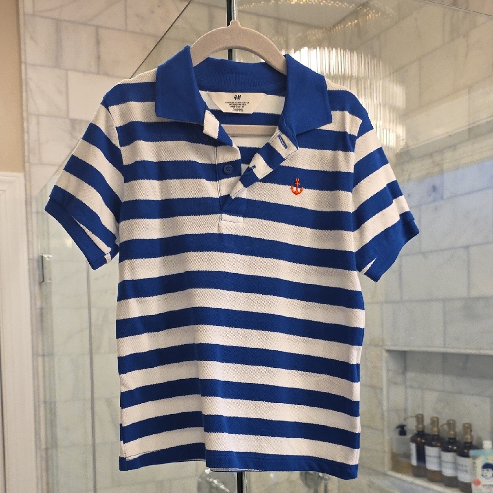 H&M Blue & White Striped Polo with Orange Anchor